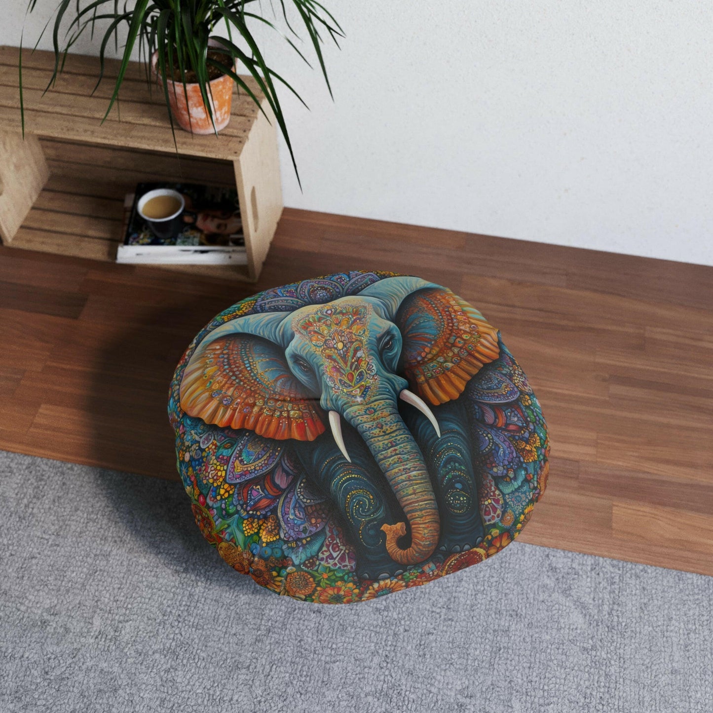 COLORFUL ELEPHANT MANDALA Tufted Floor Pillow