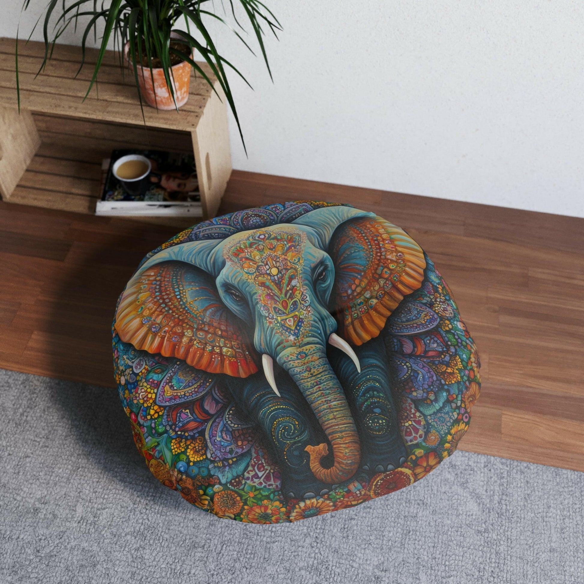 COLORFUL ELEPHANT MANDALA Tufted Floor Pillow