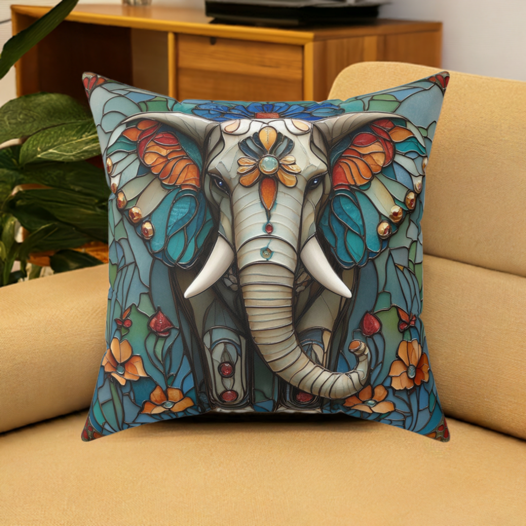 Square Throw Pillow STAINED GLASS ELEPHANT